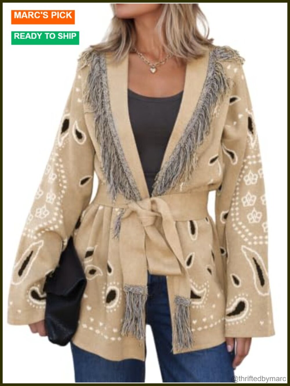 Printed Fringe Cardigan Long Sleeve V-Neck Tie Waist Boho Knit Sweater